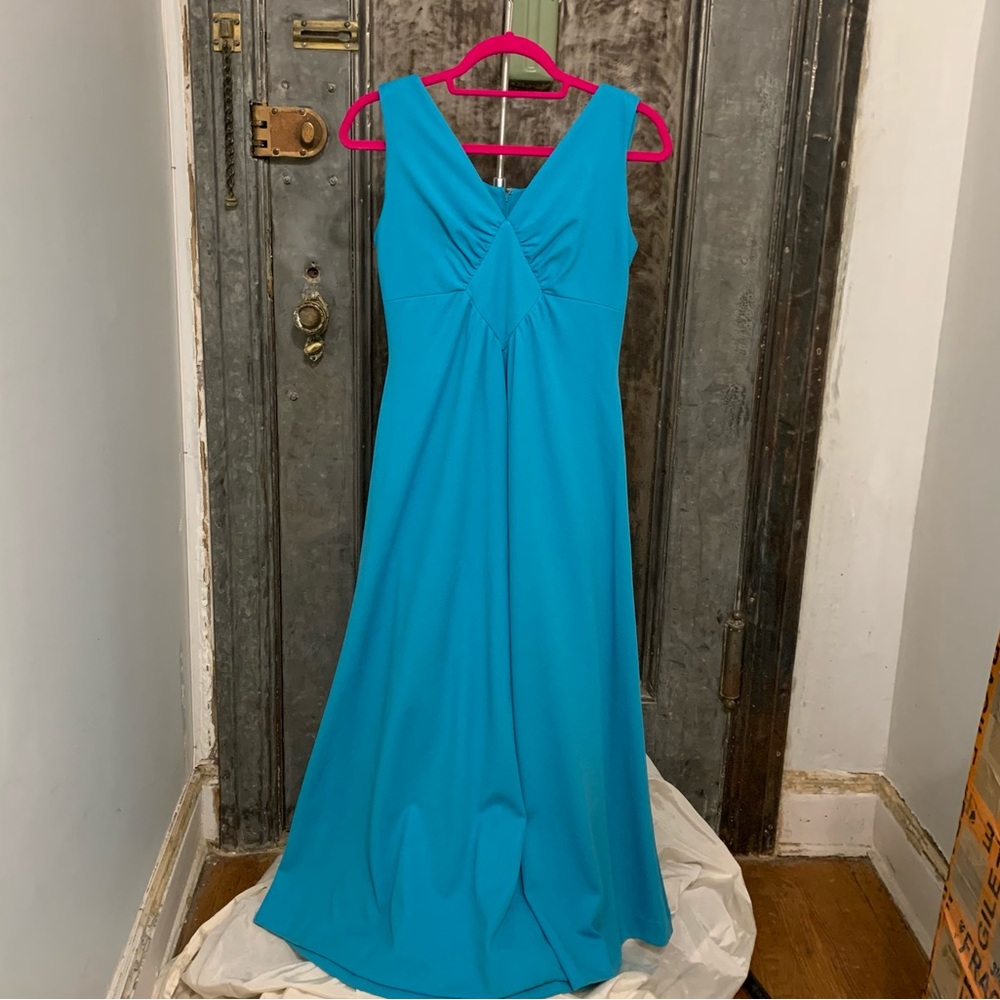 XS S Vintage 70s Montgomery Ward disco queen teal blue sleeveless maxi dress Gre